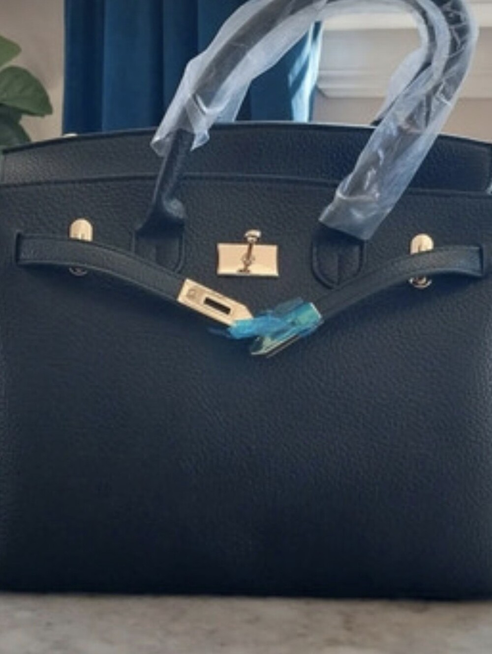 Black Structured Handle Tote Handbag Shoulder Crossbody + 1 Long Strap Included